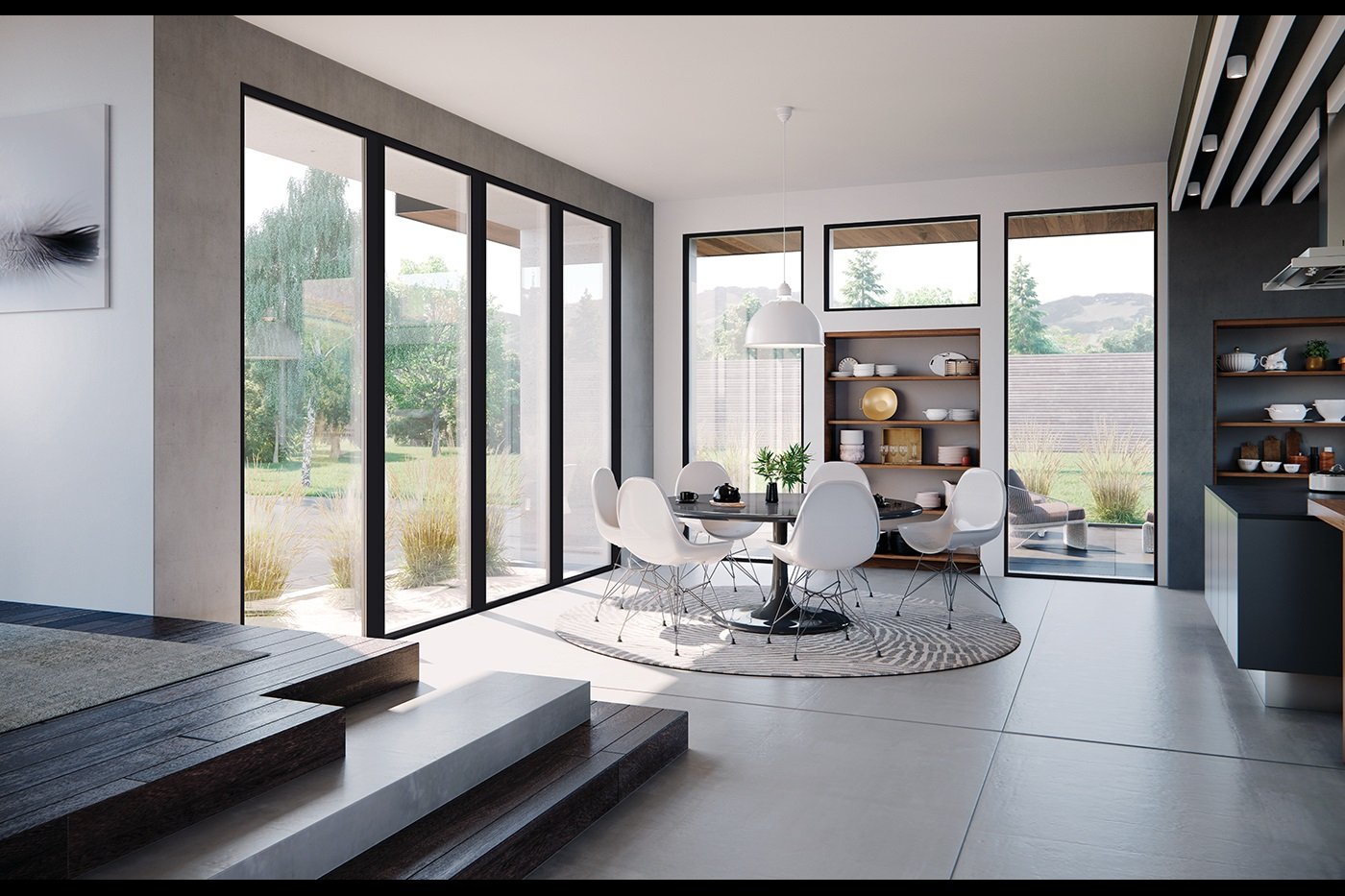 A modern dining room featuring a Marvin Signature Ultimate MultiSlide Door and Modern Direct Glaze windows.