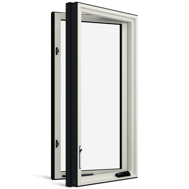 Angled view of a white opened Marvin Modern Casement window.