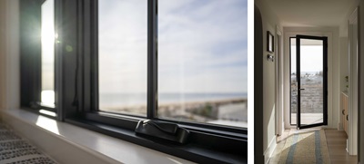Hardware on a Marvin Elevate Casement window and Inswing Door in a home with a view of Bethany Beach.