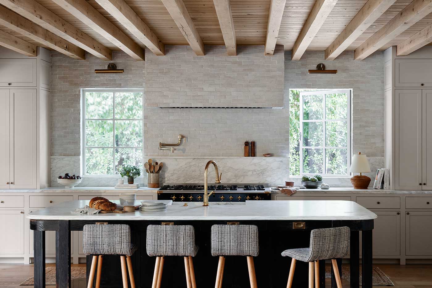 Rustic Modern Kitchen Features Black Windows with Grilles