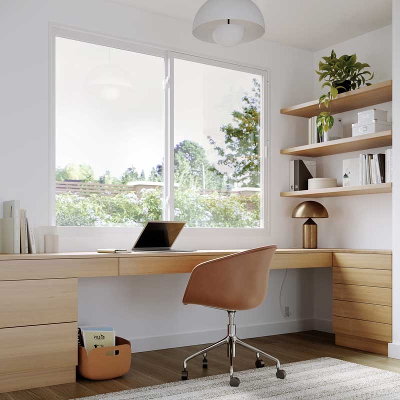 Home office with built in desk in front of elevate gliding window